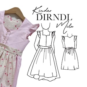 May include: A light pink children's dirndl dress with a floral print skirt and ruffled sleeves, hanging on a wooden hanger. The text "Kinder Dirndl Mila" is written in black script. A line drawing of the dress is also shown.