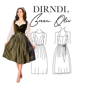 Könnte beinhalten: Eine Frau in einem grünen Dirndlkleid mit einem Samtoberteil und einem weiten Rock. Das Kleid hat weiße Spitzärmel und eine passende Schleife. Das Bild enthält den Text "DIRNDL Green Oliv" und zwei Strichzeichnungen von Dirndlkleidern.