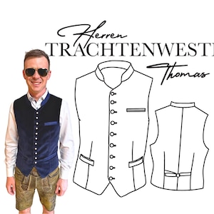 Könnte beinhalten: Eine dunkelblaue Weste mit Knopfleiste, Brusttasche und zwei unteren Taschen, dargestellt an einer Person und als Strichzeichnung. Der Text lautet "Herren TRACHTENWESTE Thomas". Die Weste hat einen Stehkragen und einen verstellbaren Rückenriegel.