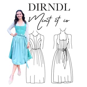 Könnte beinhalten: Eine Frau trägt ein mintgrünes Dirndl mit einer weißen Bluse. Das Bild zeigt auch eine Linienzeichnung eines Dirndls mit dem Text "Dirndl Mint it is" darüber.