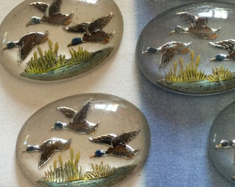 1 Vintage Glass Cabochon Hand-Painted Large Flying Geese Stone