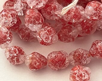 12 — Cherry Red Givre Crackle Glass Vintage Glass Beads 11-12mm