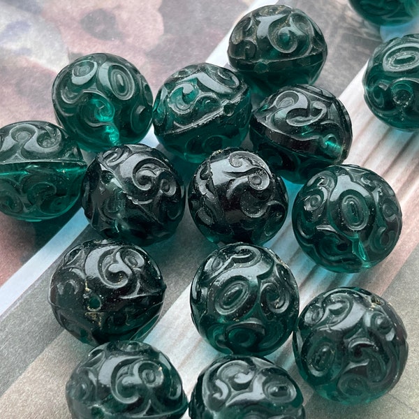 Rare Antique Czechoslovakian Antique Vintage Crystal Glass Beads Emerald-Teal Deeply Carved Beads (see description)