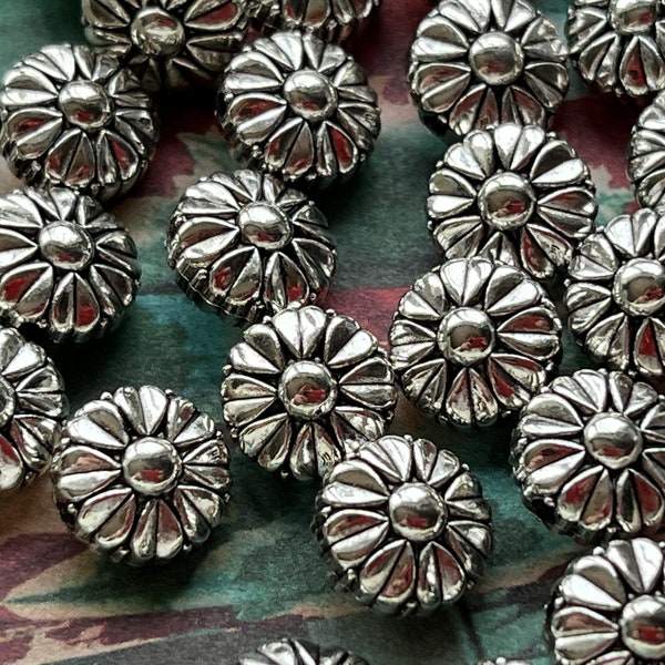 24 — Antiqued Silver Metal Flower Daisy Style Beads (see description)