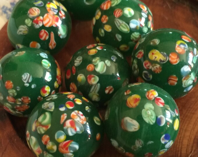 2 18mm Vintage Glass Bead Handmade Japanese Green Millefiori Large