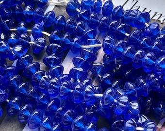 24 — 10/6mm Vintage Glass Beads Sapphire Blue Ribbed Beads with a Silver Flash