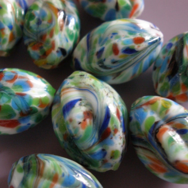 Vintage Glass Beads (2)(15x10mm) Rare Handmade Japanese Oval Melon Beads