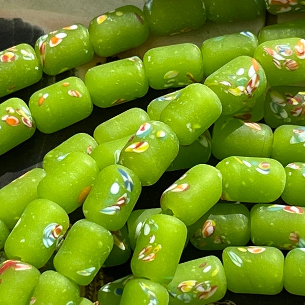 20 — Handmade Japanese Lime Green Frosted Millefiori Tibe Glass Beads 9/7mm (see description)