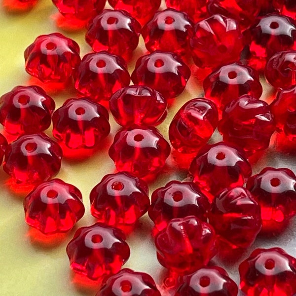 36 — 8mm Ruby Red Melon Rondel Spacer Vintage Glass Beads