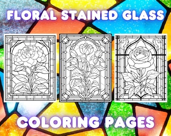 May include: Three black and white coloring pages featuring floral stained glass designs. Each page features a different floral design with intricate details.
