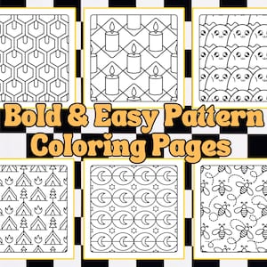 May include: Six black and white coloring pages featuring simple geometric patterns. The patterns include hexagons, candles, ghosts, tents, moons, and bees.