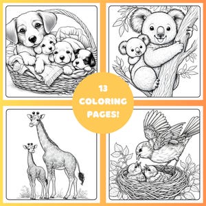 15 Mother & Baby Animal Coloring Pages | Cute Wildlife Families | Printable PDF and JPG | Relaxing Coloring Activity for Kids and Adults