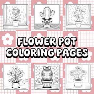 Può includere: Illustrazioni in bianco e nero di vasi di fiori, tra cui girasoli, cactus e margherite, sono presenti in questa immagine. Il testo "FLOWER POT COLORING PAGES" è visualizzato in grassetto, con contorno. Lo sfondo ha un motivo floreale rosa e bianco.