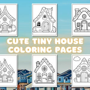 Könnte beinhalten: Ein Set mit sechs Schwarzweiß-Malvorlagen mit niedlichen kleinen Häusern mit verschiedenen architektonischen Details. Jede Seite hat ein einfaches Design, perfekt für Kinder zum Ausmalen.