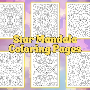 May include: Six black and white star mandala coloring pages. Each page features a different intricate design with a starburst pattern in the center.