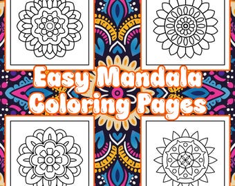 Może przedstawiać: Kolorowy projekt z czterema kwadratowymi panelami z czarno-białymi mandalami. Tekst "Easy Mandala Coloring Pages" znajduje się pośrodku. Tło ma żywy, wzorzysty design z odcieniami niebieskiego, różowego, żółtego i fioletowego.