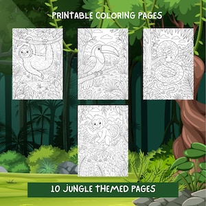 Op de afbeelding: Printbare kleurplaten met jungledieren. De pagina's bevatten een luiaard, een toekan, een slang en een aap. De tekst bovenaan luidt "Printable Coloring Pages" en de tekst onderaan luidt "10 Jungle Themed Pages".