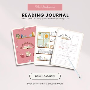 May include: A digital reading journal with a pink cover featuring a bookshelf and a book. The journal includes a book review section, a book bingo section, and a section to track 100 books. The text on the cover reads "The Bookworm Reading Journal Undated | PDF | BookBingo | Track 100 Books | Coloring Pages".