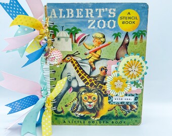 Alberts Zoo- Vintage 1951 Little Golden Book Scrapbook Album, First Edition, Junk Journal, Smash Book Album, Keepsake Album, Mixed Media