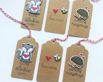 Handmade Valentine Critter Tags, Hedgehog, Bee Mine, Skunk, Kraft Tags, Scrapbooking, Planners, Papercrafting, Valentines Day, Gift Tags