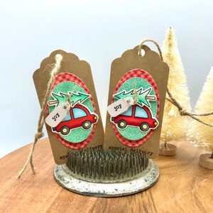Cadeaukaartjes kerstauto, rode autolabels, stropdas voor pakket, kaartversieringen, versieringen, kerstversieringen, copic-gekleurd label, bagagelabel