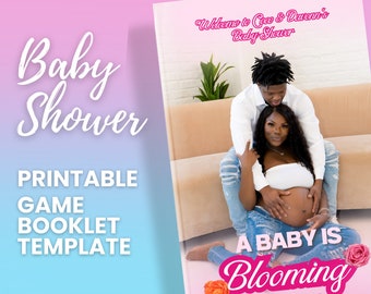 May include: Printable baby shower game booklet template with a pink and white background. The cover features a photo of a pregnant woman and a man with the text "A Baby Is Blooming" and "Game Booklet".