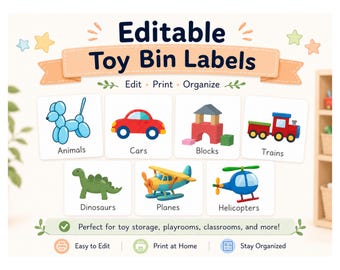 Editable Toy Bin Labels, Playroom Organization, Editable Canva Template