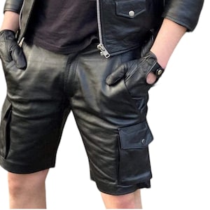 Handmade Genuine Leather Cargo Shorts: Slim Fit Biker Shorts