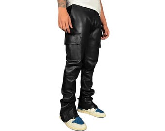 Men's Black Leather Cargo Pants: Custom Handmade Biker Trousers