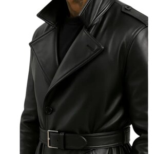 May include: Black leather trench coat with a notched collar, button closure, and a matching belt. The coat features a classic design with a sleek, polished appearance, suitable for various occasions.