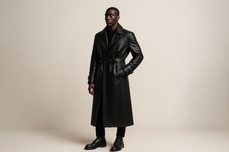 May include: A full-length black leather trench coat with a belted waist and notched lapels. The coat is worn with black pants and black boots. The model is standing in front of a neutral background.