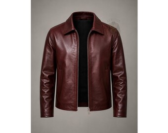 Men's Burgundy Genuine Leather Jacket – Classic Vintage Zip Up Outerwear