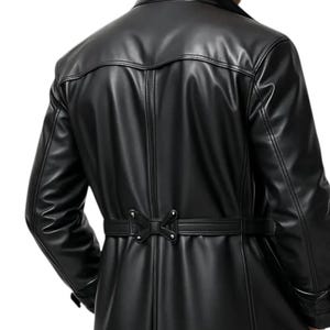 May include: Black leather trench coat with a belted waist and a classic design. The coat features a notched collar, button closures, and a tailored fit. The back of the coat has a decorative yoke and a vent at the hem. The coat is made of a smooth, shiny leather.