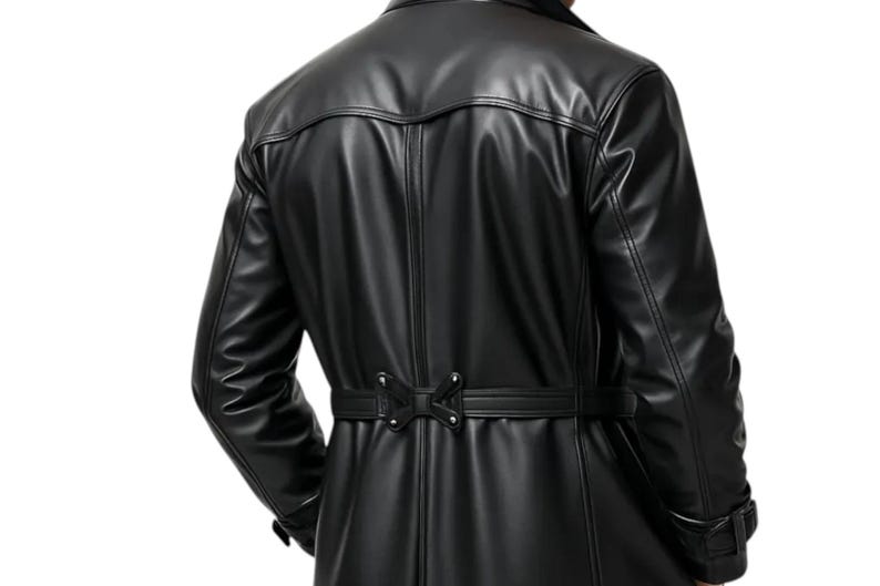 May include: Black leather trench coat with a belted waist and a classic design. The coat features a notched collar, button closures, and a tailored fit. The back of the coat has a decorative yoke and a vent at the hem. The coat is made of a smooth, shiny leather.