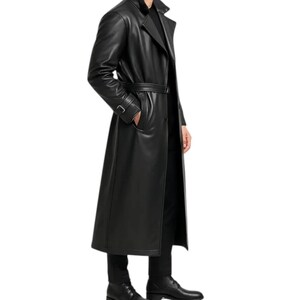 May include: A long, black leather trench coat with a belted waist and notched lapels. The coat features a classic design with a knee-length hem and a sleek, polished appearance. The coat is worn with black pants and shoes.