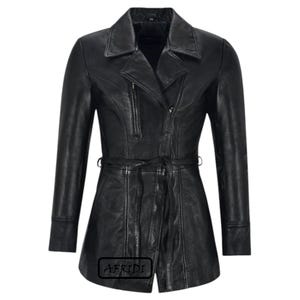 Handmade Women Black Long Coat Genuine Leather Trench Coat With Belt Office Long Coat Winter Coat Long Jacket for Women