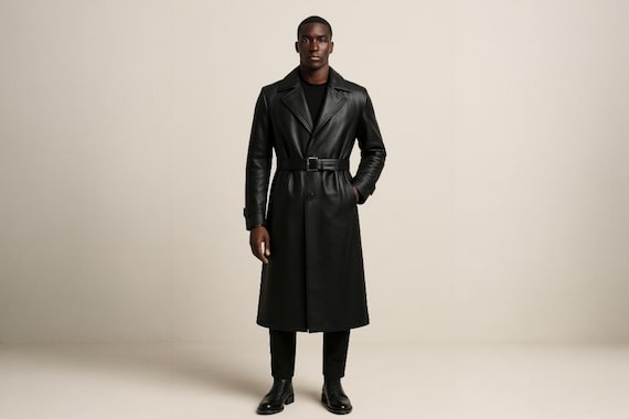 Men's Black Leather Trench Coat, Custom-Made Long Coat