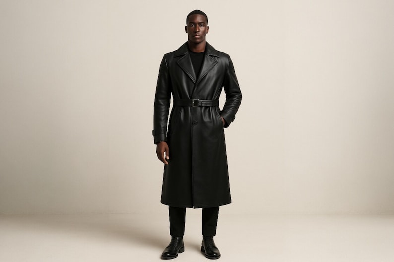 May include: A full-length black leather trench coat with a belt cinching the waist. The coat has a classic lapel and is worn with black pants and shoes. The model is standing in front of a neutral background.