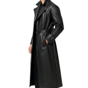 May include: A long, black leather trench coat with a belted waist and notched lapels. The coat has a classic design with a button closure and pockets. The coat's length extends to the ankles.