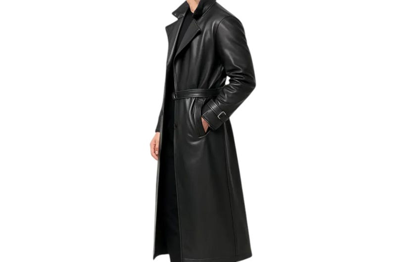 May include: A long, black leather trench coat with a belted waist and notched lapels. The coat has a classic design with a button closure and pockets. The coat's length extends to the ankles.