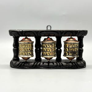 4.5-Inch Triple Tibetan Prayer Wheel – Wooden Frame with Metal Wheels