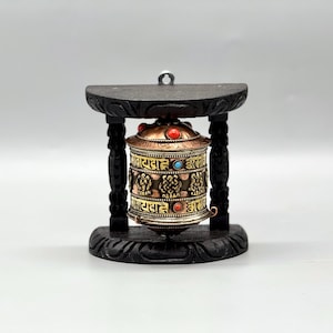 Handcrafted 6-Inch Tibetan Prayer Wheel – Wooden Base with Intricate Metal Design