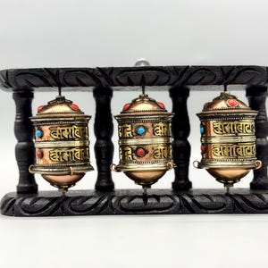 5-Inch Triple Tibetan Prayer Wheel – Wooden Frame with Metal Wheels