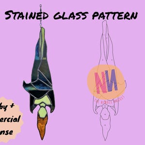 May include: A stained glass pattern of a bat, with a detailed design and color variations of blue, green, and orange. The image includes the text "STAINED GLASS PATTERN" and "Hobby + commercial license".