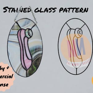 May include: Oval stained glass pattern with a pink and white design, suspended by a chain. The image includes the text "STAINED GLASS PATTERN" and "Hobby + commercial license". A second image shows the pattern outline.
