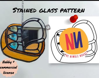 May include: Stained glass pattern featuring a basket design with fish. The artwork includes orange, blue, and black colors. The text "STAINED GLASS PATTERN" is at the top. The image also includes the text "Hobby + commercial license".