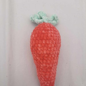 Carrot softie plush toy. Just Chenille yarn. Mint green carrot leaves with orange root vegetable. Handmade produce plushie