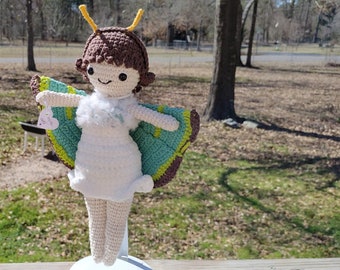 Moth girl doll, handmade crochet amigurumi cotton and chenille doll, Cottagecore forestcore toys, alternative gifts, goblincore doll