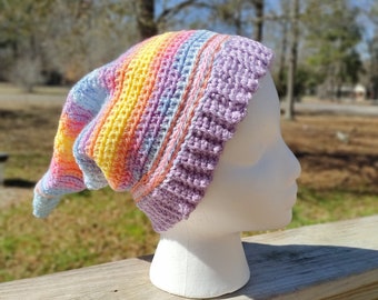 Handmade Crochet Pixiecore Hat, Fairycore cosplay accessory tapered beanie in pastel sunset colors sparkly lavender