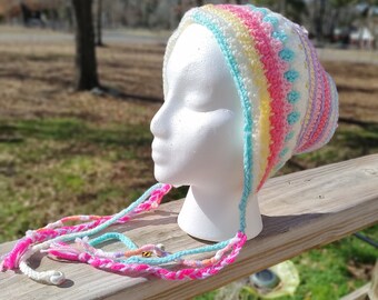 Pastel soft feminine bonnet style beanie with beaded streamers, complex texture and pompom Cottagecore fairycore Mori kei